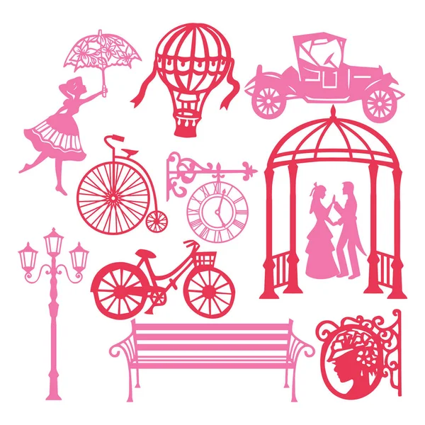 Kağıt kesme siluet Vintage antik tasarım öğeleri kümesi