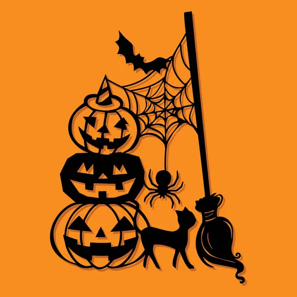 Papier coupé Silhouette Halloween Citrouille pile balai Decorati — Image vectorielle
