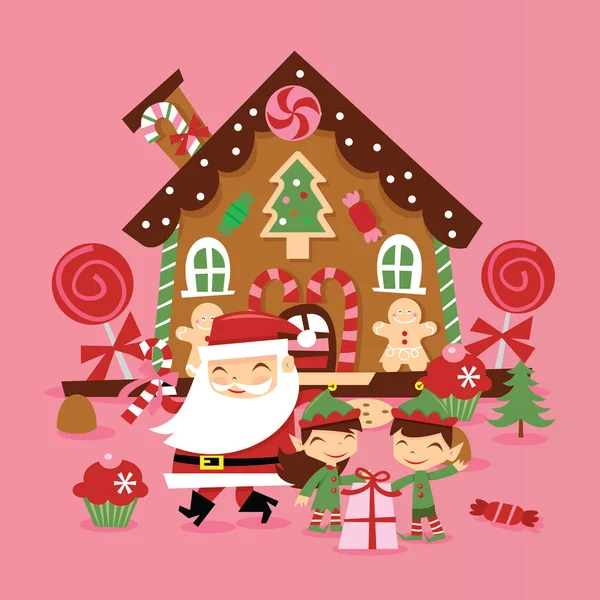 Retro santa claus y elfos jengibre casa — Vector de stock