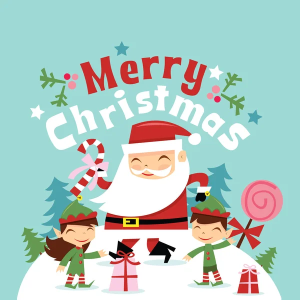Retro Babbo Natale e gli elfi Paese delle meraviglie invernali — Vettoriale Stock
