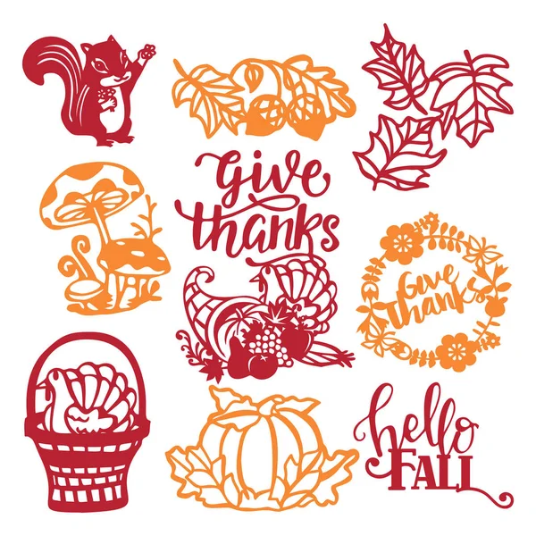 Vintage Thanksgiving Harvest Paper Cut Design Elements Set — Stock Vector