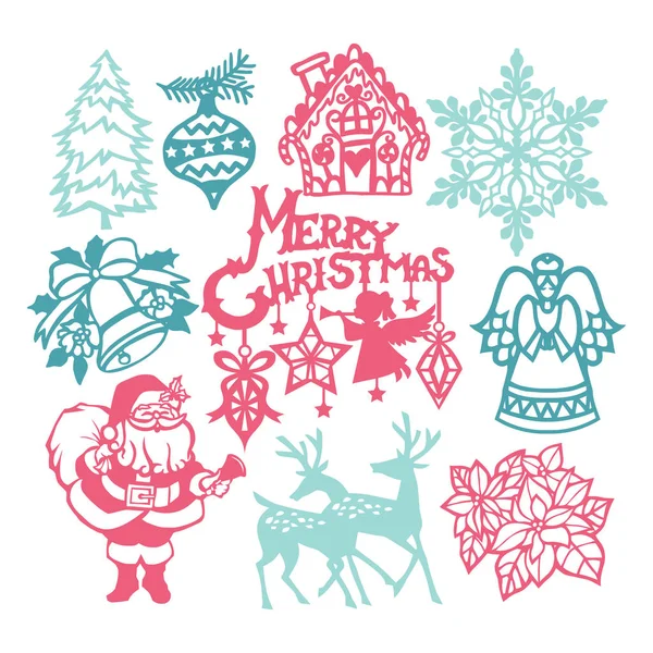 Vintage Christmas Winter Paper Cut Design Elements Set — Stock Vector