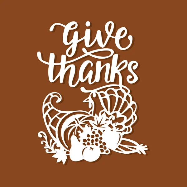 Vintage thanksgiving cornucopia turkey harvest give thanks phras — Stock Vector