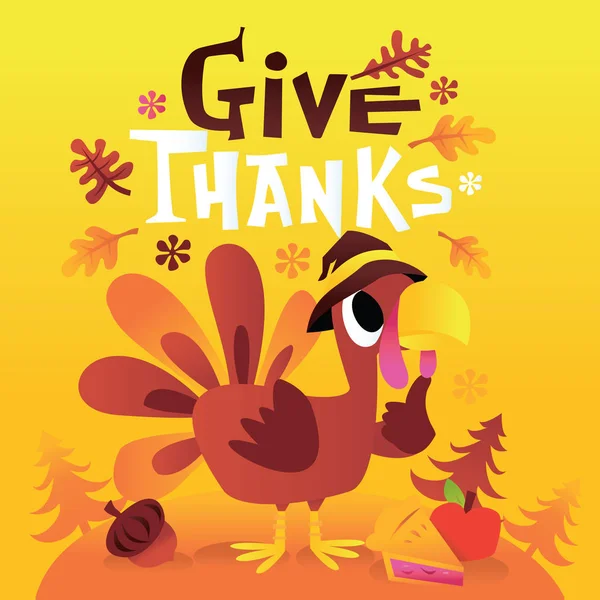 Cartoon Turkey With Give Thanks Phrase — Stock Vector