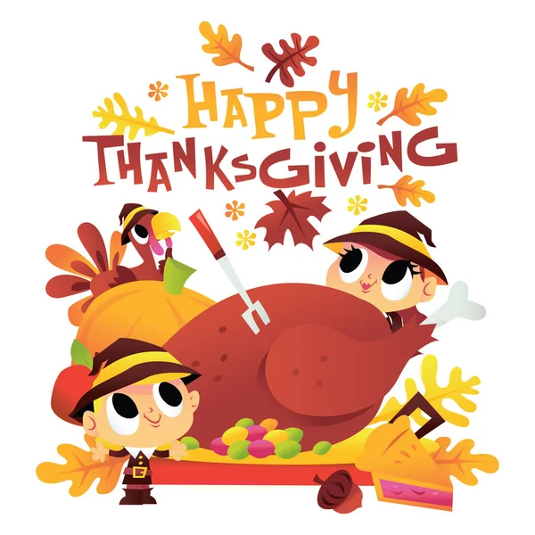 Cartoon Pilgrim Kids rond Turkije diner met Happy Thanksgivin — Stockvector