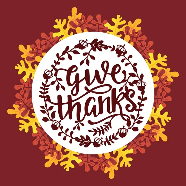 Vintage thanksgiving give thanks phrase autumn leaves wreath — Stock Vector