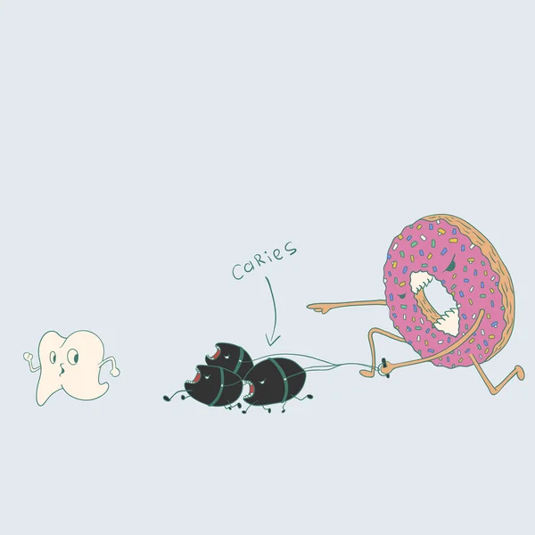 Doughnut με τερηδόνα τρέχει για δόντι. — Διανυσματικό Αρχείο