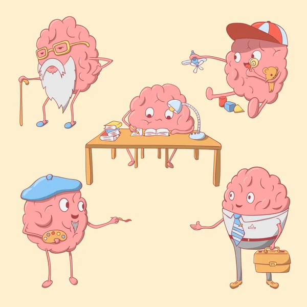 Set di cartone animato personaggio cervello carino — Vettoriale Stock