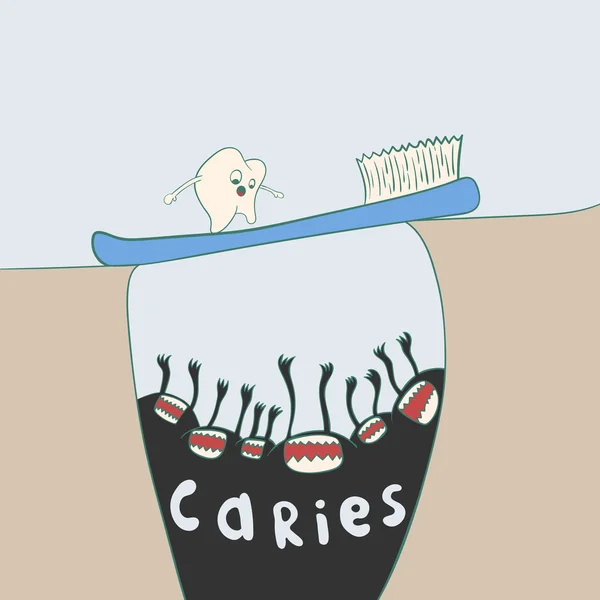 Soporte dental en el cepillo de dientes sobre el precipicio con caries. ilustración dental — Vector de stock