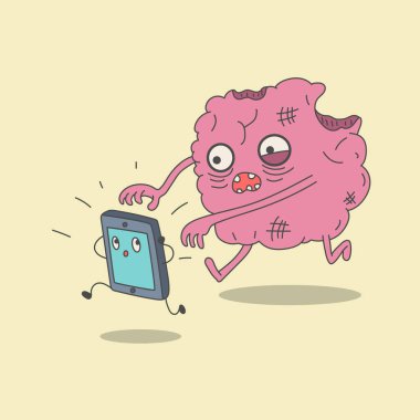 Zombie brain chasing a smartphone. phone addiction illustration