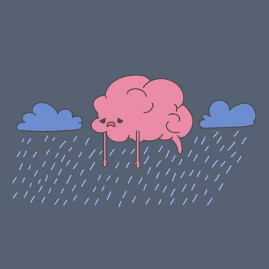 sad brain in the form of clouds and rain. illustration of depression, sadness, stress, loneliness