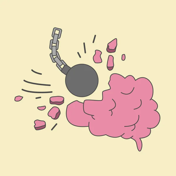 Una bola de metal destruye el cerebro. ilustración de dolor de cabeza severo y migraña — Archivo Imágenes Vectoriales