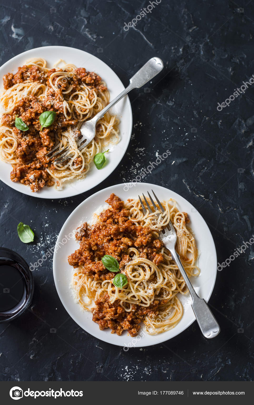 Chicken Bolognese Spaghetti Glasses Red Wine Dark Background Top View