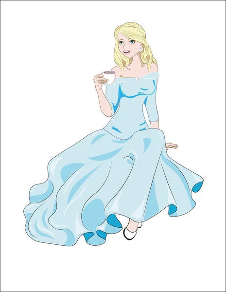 Prinzessin mit Tasse und blauem Kleid — Stockvektor