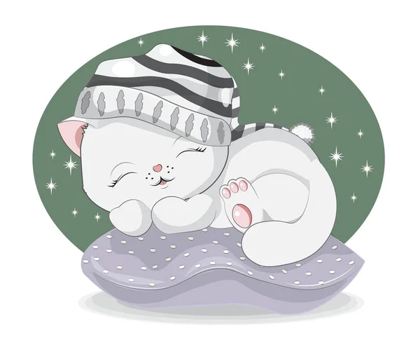 टोपी मध्ये उशी वर पांढरा मांजर झोपणे — स्टॉक व्हेक्टर