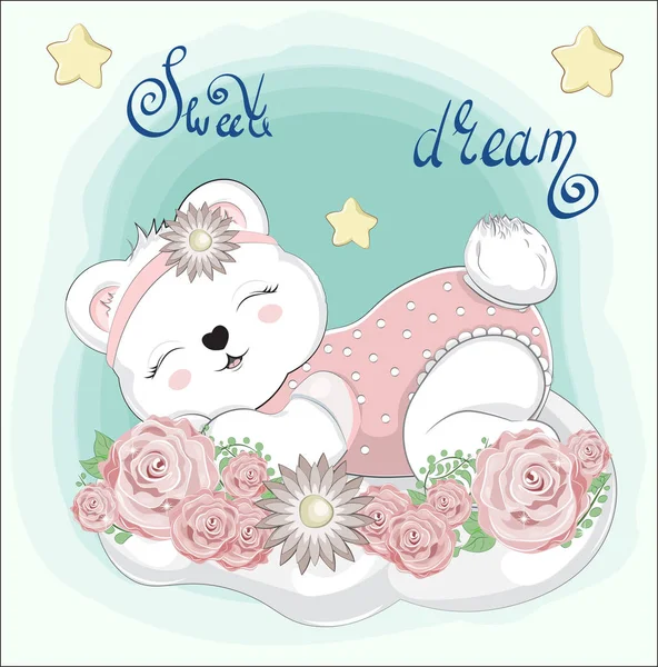 Baby beer slaapt op wolk in bloem — Stockvector