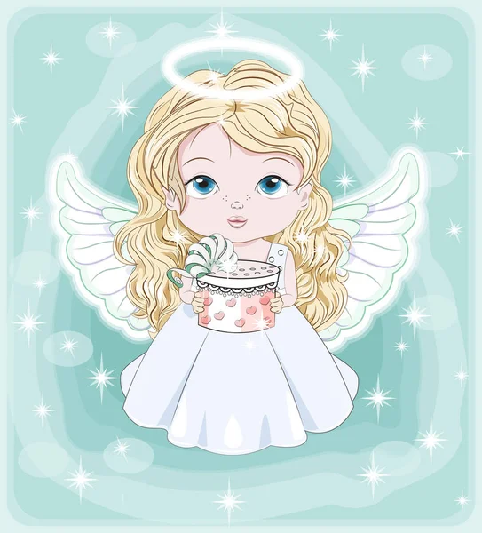 Christmas baby angel with gift — Stock Vector