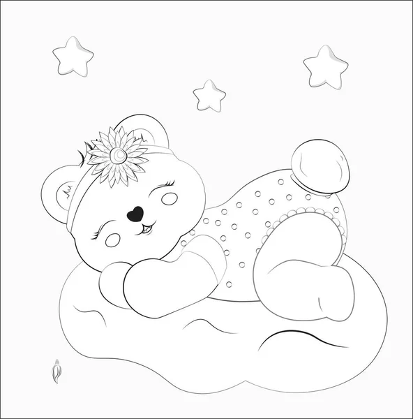 Bebek ayı bulut boyama kitabında uyur. — Stok Vektör
