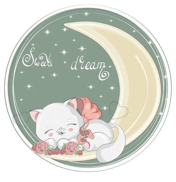 Sovande katt på månen i blomma — Stock vektor