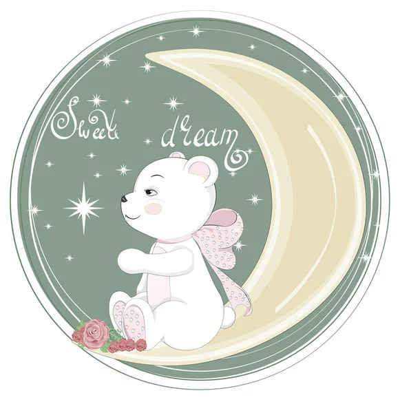 Teddybeer op maan in bloem — Stockvector