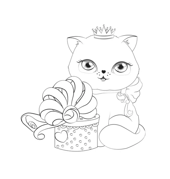 Princess cat with gift Coloring book — Stock Vector