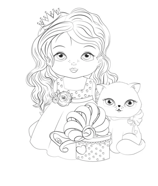 Bebé princesa y gato con regalo Libro para colorear — Vector de stock