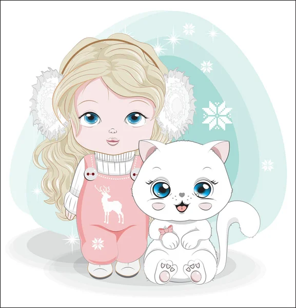 Маленькая девочка и кошка С днем рождения Зимняя открытка — стоковый вектор