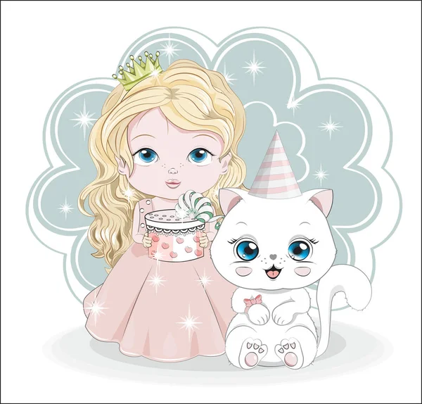 Malá princezna s dárkem a kočkou — Stockový vektor