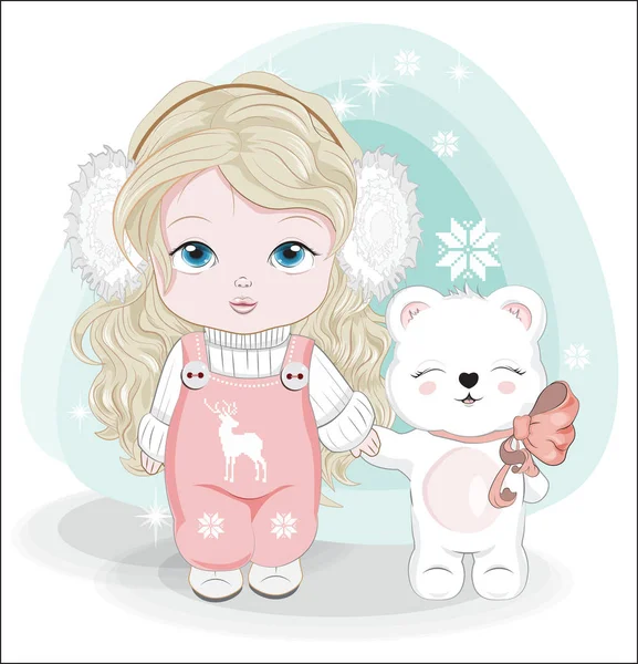 Küçük kız ve oyuncak ayı Mutlu yıllar kış kartı — Stok Vektör