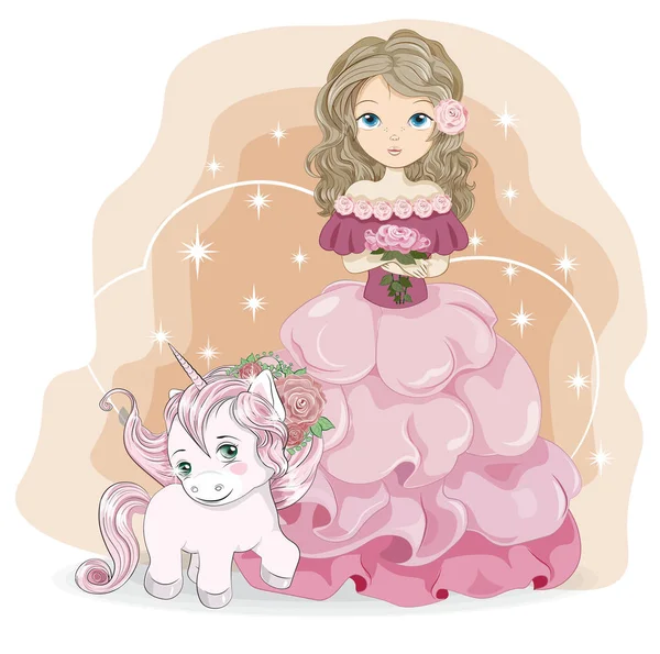 Prinsessan ros blomma och enhörning — Stock vektor