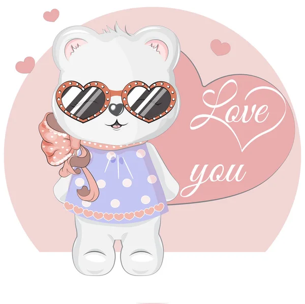 Teddy bear in sunglasses Valentines Day card — 스톡 벡터