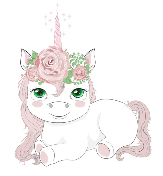 Unicorn with green eyes and flowers — 스톡 벡터