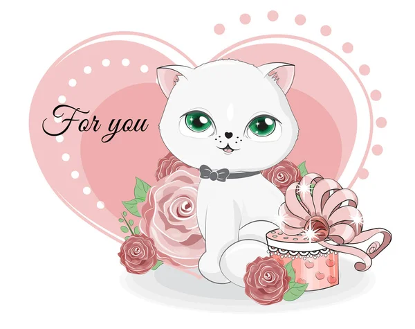 White cat Valentines Day card — 스톡 벡터
