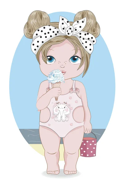 Baby meisje in badpak en ijs — Stockvector