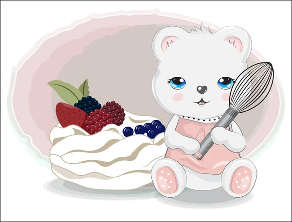 Cook Teddy bear with fruit cake and Shaker — 스톡 벡터