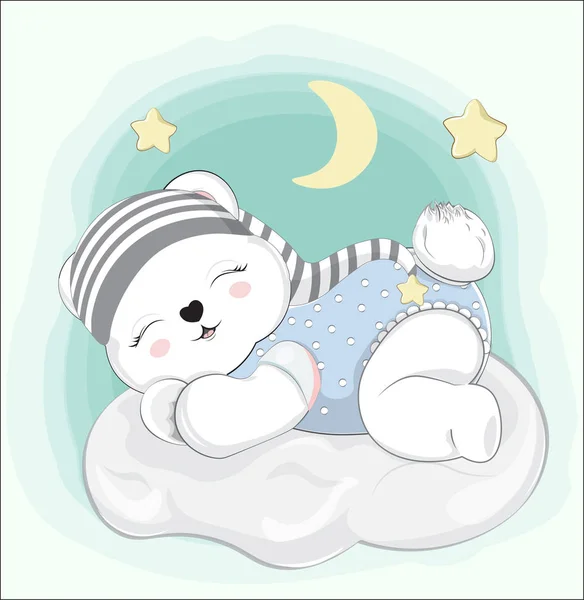 Baby bear sleeps on cloud in striped cap — 스톡 벡터