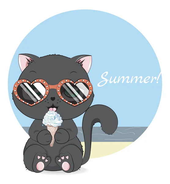 Baby black cat in sunglasses and ice cream — 스톡 벡터