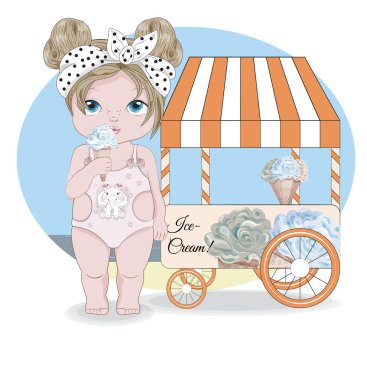 baby girl in Swimsuit and ice cream Stand clipart