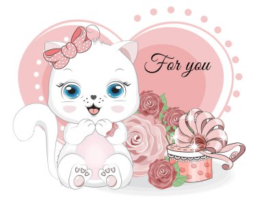 cat and rosws Valentines Day card clipart