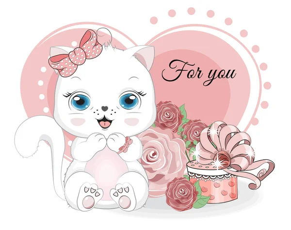 Gato e rosws cartão de Dia dos Namorados — Vetor de Stock