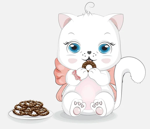 Bílá kočka dívka s lukem a čokoládové sušenky — Stockový vektor