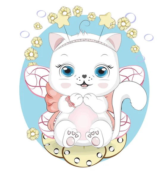 Blanco hada gato chica con arco — Vector de stock