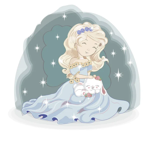 Principessa Ragazza Bionda Magic Coniglietto Bianco Nel Giardino Fiorito Immagine — Vettoriale Stock