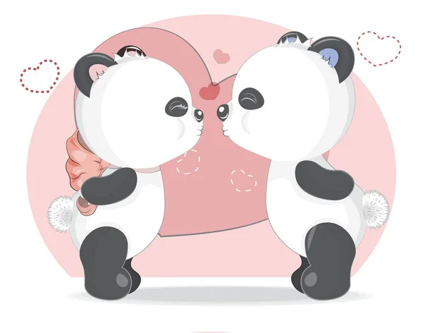 Kiss White Girl Und Boy Panda Teddy Bear Hearts Entzückendes — Stockvektor