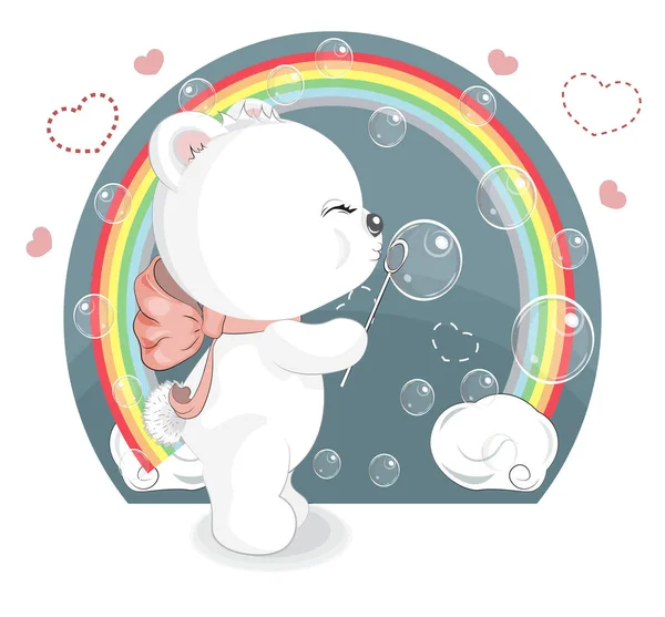 Sabun köpükleri ve gökkuşağı ile beyaz oyuncak ayı, karikatür tarzı resim, tişört desenli moda tasarımı, selamlama. Kart, parti daveti. 
