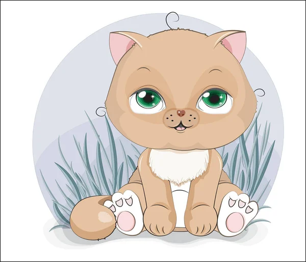 Roztomilé Hnědé Kočičí Kotě Trávě Obraz Ručním Kreslení Kresleného Stylu — Stockový vektor