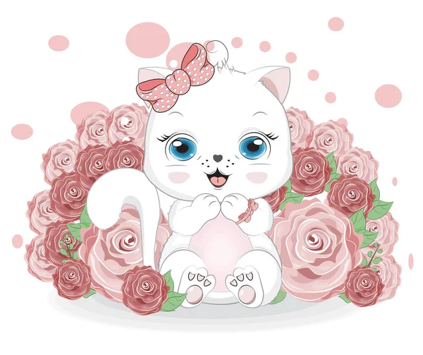 Senin Için Sevgililer Günü Kalbi Beyaz Kedi Güller Içinde Hediyeler — Stok Vektör
