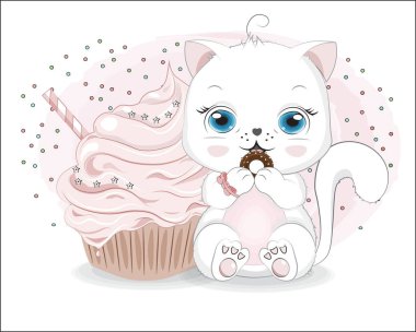 Mutlu yıllar küçük beyaz kız ve pasta. Karikatür tarzı resim, tişört desenli kıyafet tasarımı, tebrik kartı, kartpostal. Bebek partisi. parti daveti.