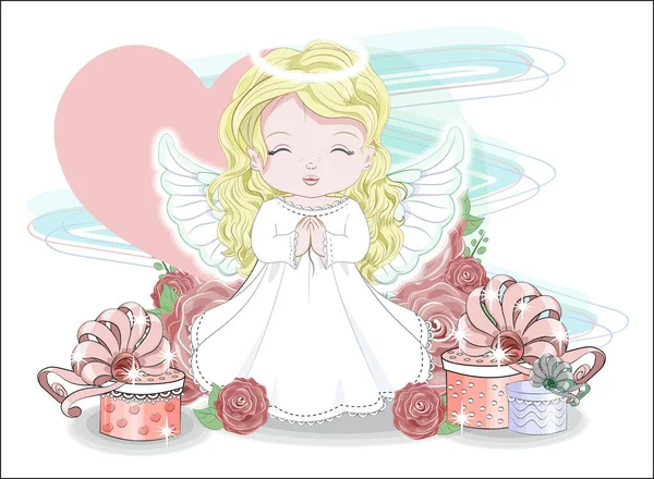 Valentine Χαριτωμένο Κοριτσάκι Άγγελος Καρδιά Και Δώρα Τριαντάφυλλα Εικόνα Στο — Διανυσματικό Αρχείο