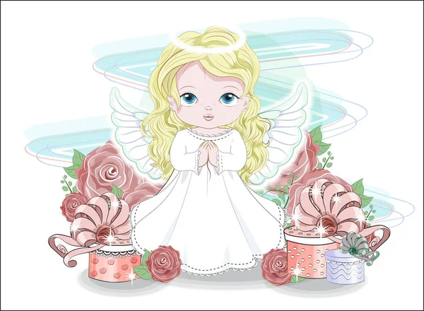 Valentine Cute Baby Angel Girl Heart Gifts Roses Picture Hand — ストックベクタ